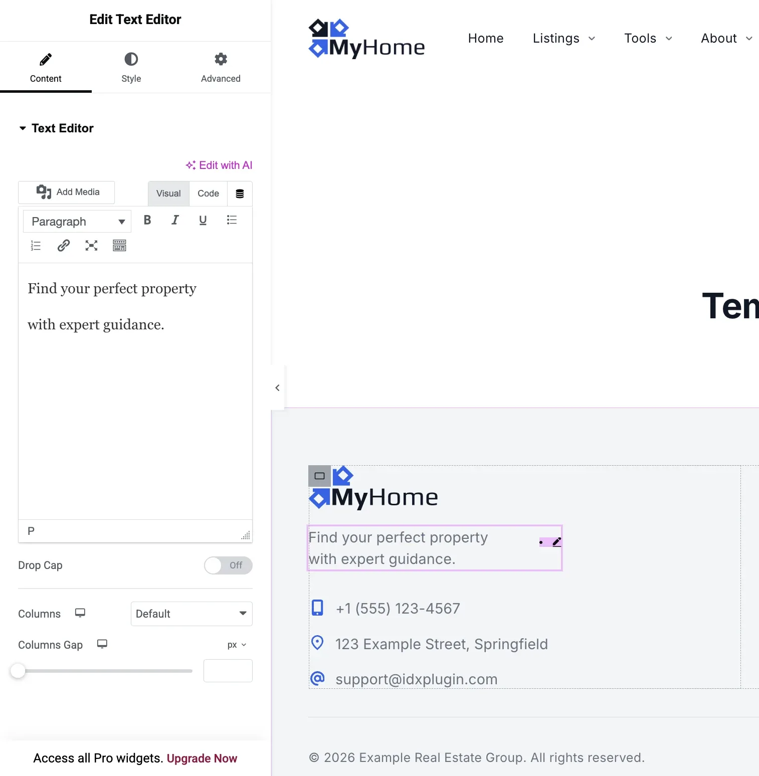 Editing a text widget in the footer of a MyHome IDX layout