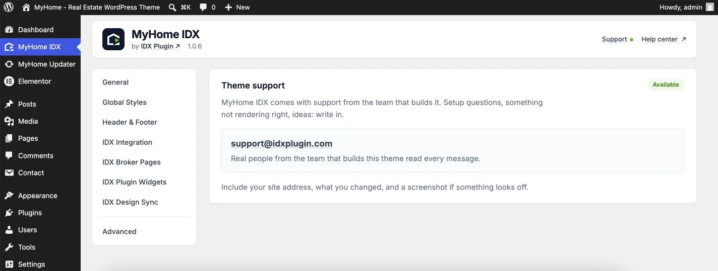 Theme support screen in the MyHome IDX panel with the support address