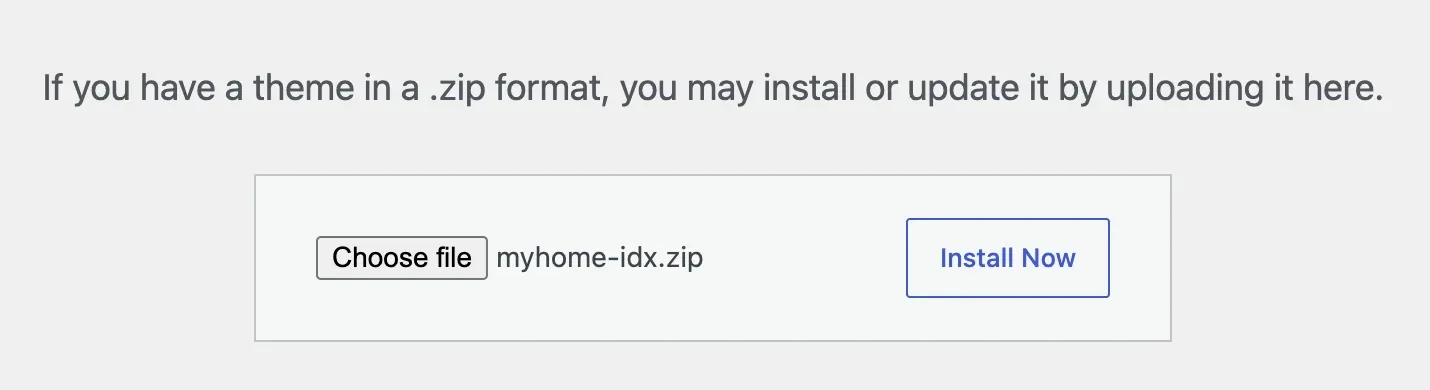 Upload box with myhome-idx.zip selected and Install Now active