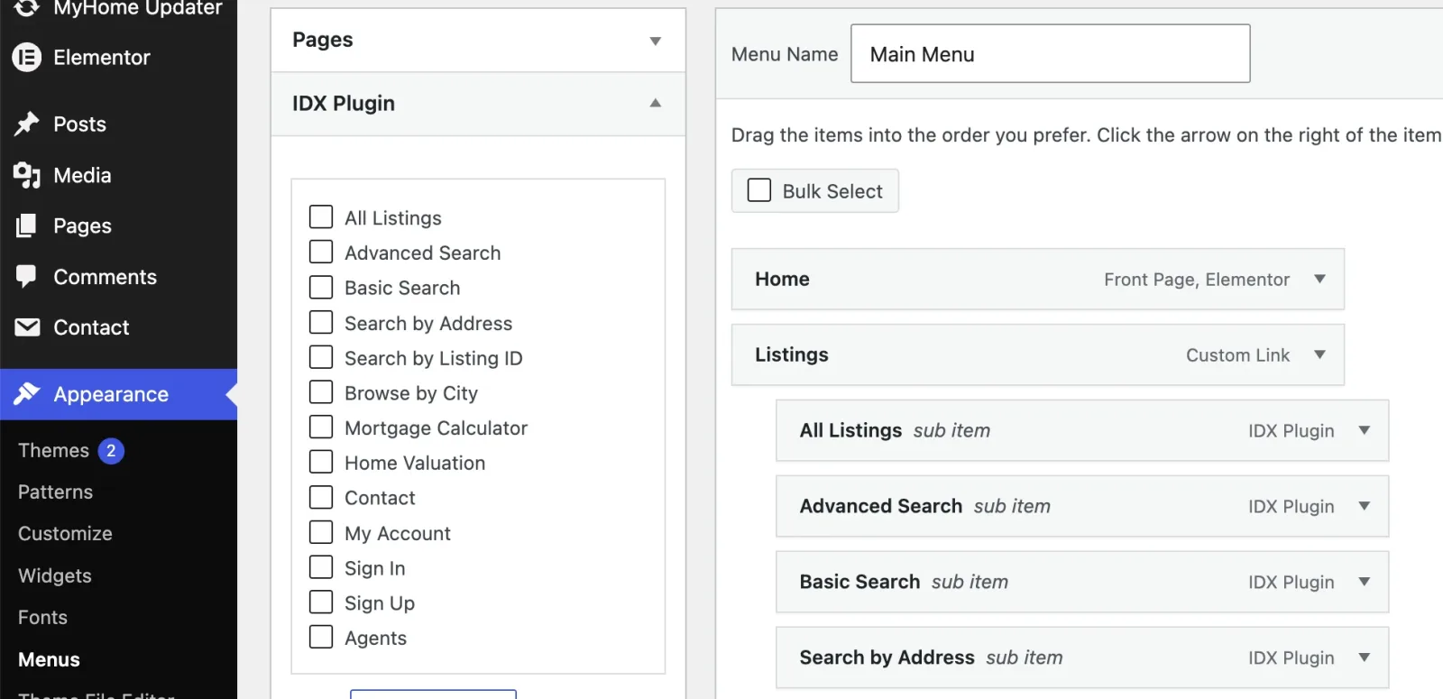 The IDX Plugin box in the menu editor, next to the menu structure