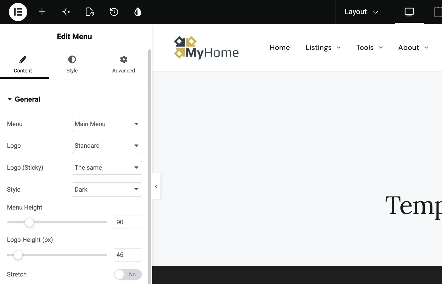 Header widget settings on the Content tab in Elementor
