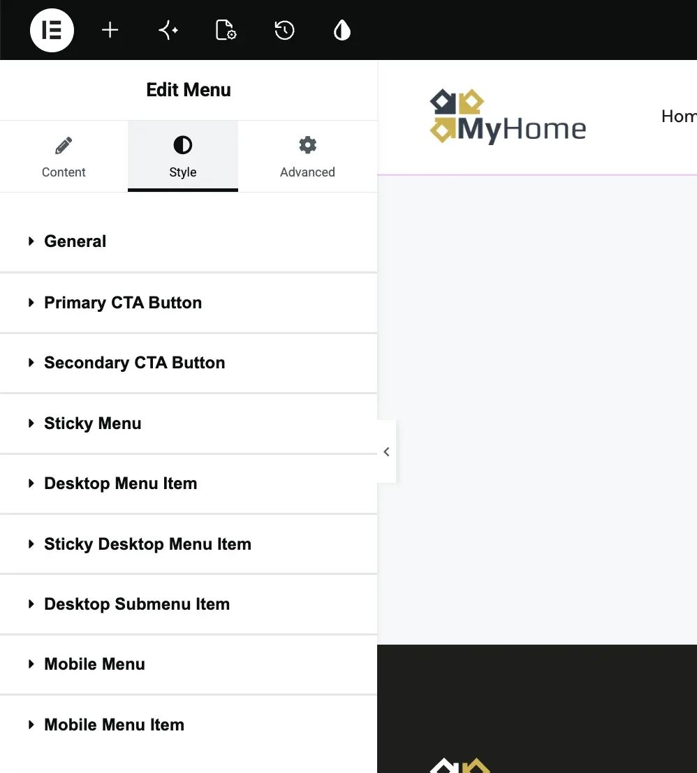 Style tab of the header widget listing its sections