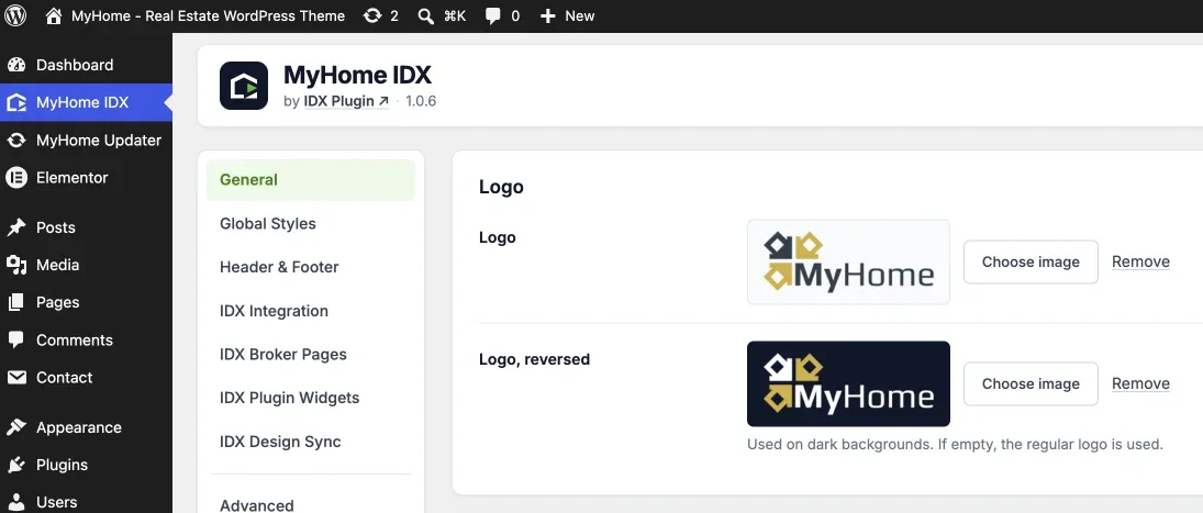 Logo and Logo, reversed fields on the General screen of the MyHome IDX panel
