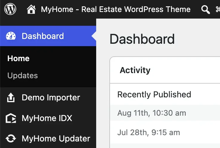 WordPress sidebar after the reload with Demo Importer, MyHome IDX and MyHome Updater