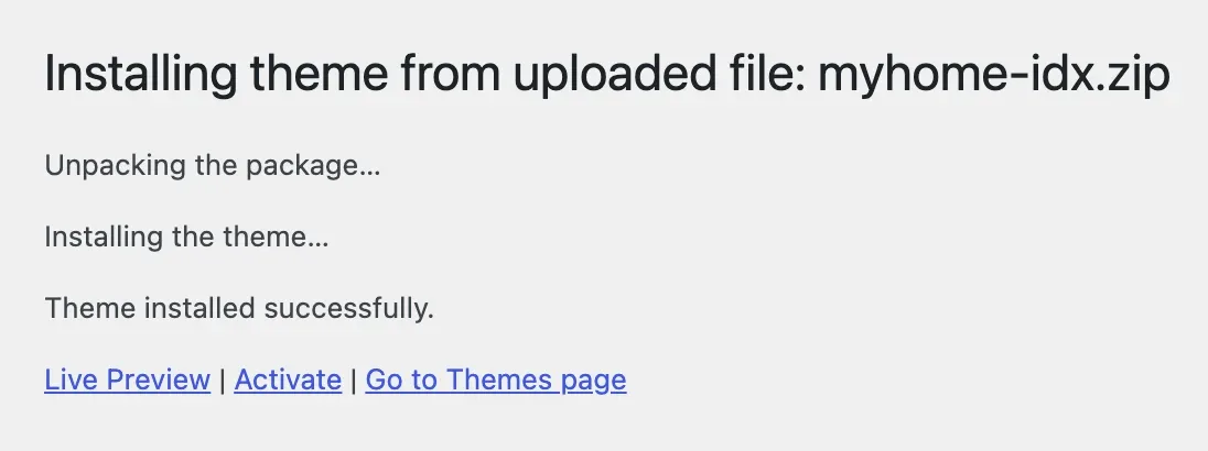 WordPress confirming the theme installed, with the Activate link
