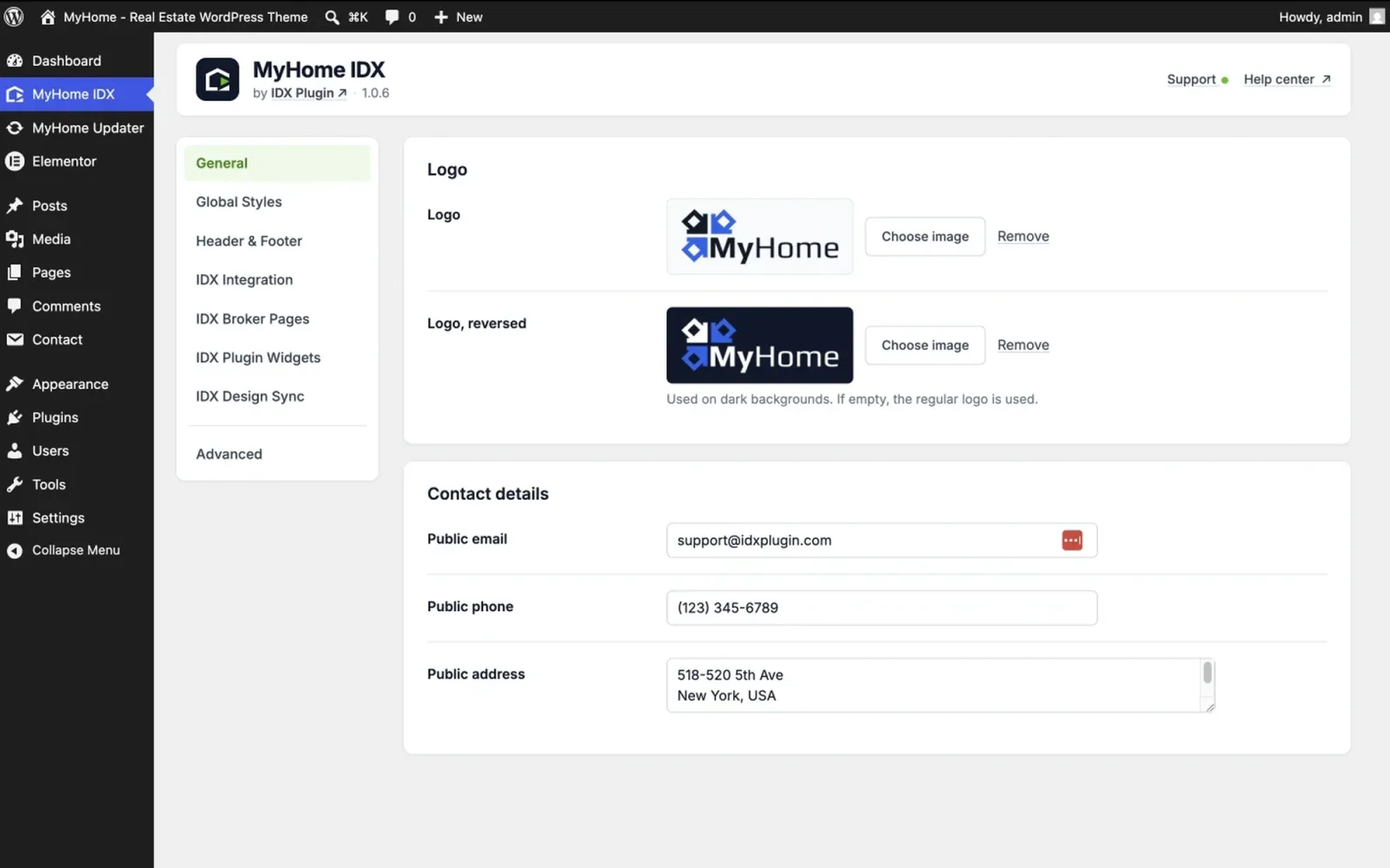 The MyHome IDX panel on a MyHome IDX site, with the logo and contact details
