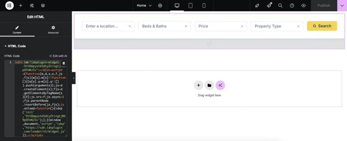 The embed code pasted into the HTML element