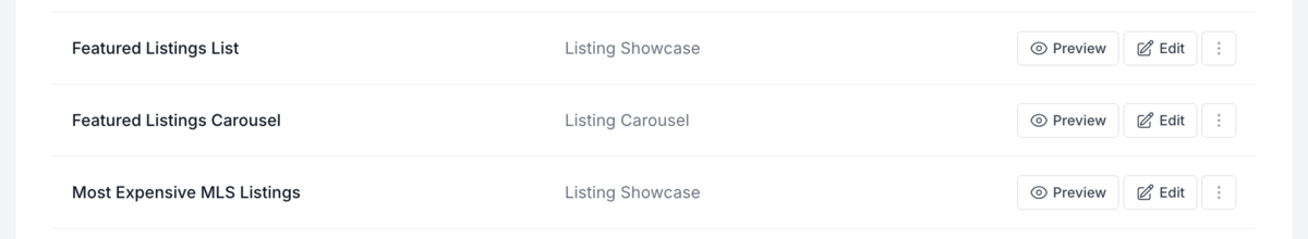The list of ready widgets in the IDX Plugin dashboard