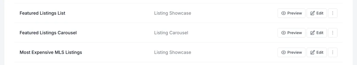 The widget list in the IDX Plugin dashboard