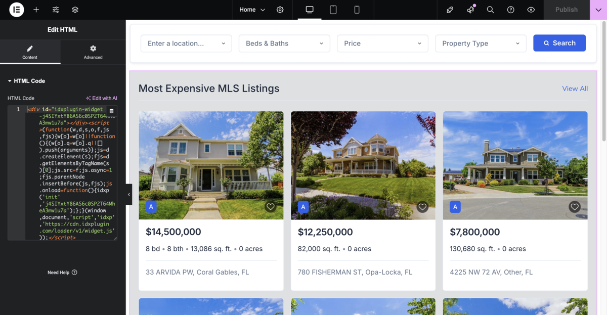 Widget preview showing live MLS listings