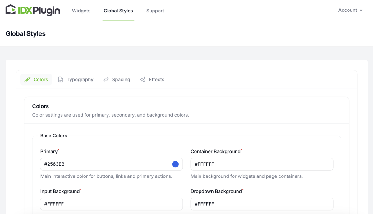 The Global Styles panel with colors, typography and spacing