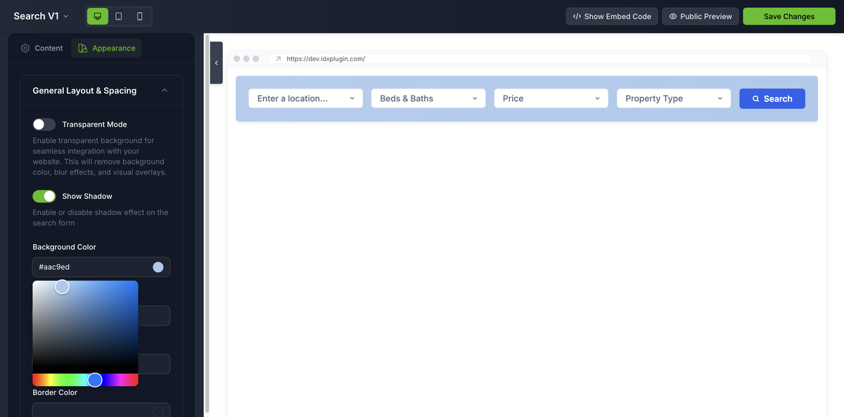 IDX Plugin widget customization dashboard