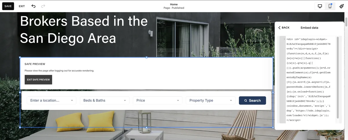 IDX search form on a Squarespace homepage