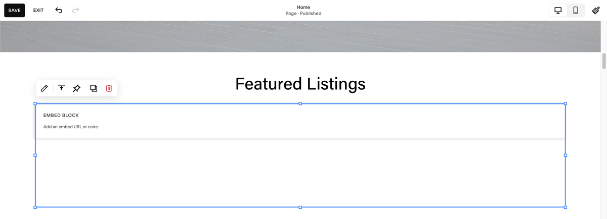 Adding the embed block for listings in Squarespace