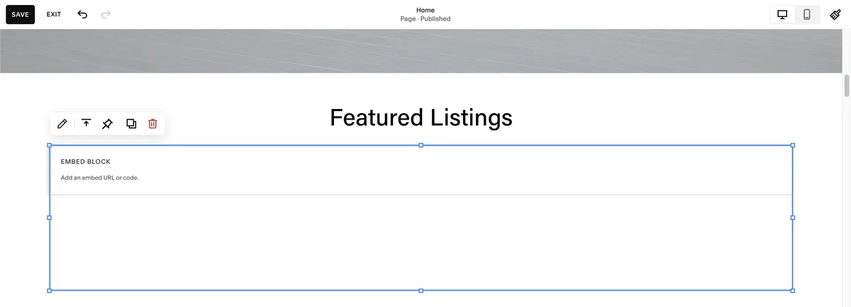 Adding the embed block for listings in Squarespace