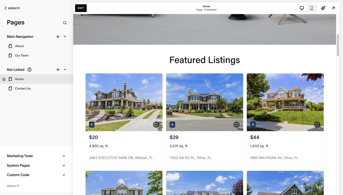 Full listings section displayed on a Squarespace site