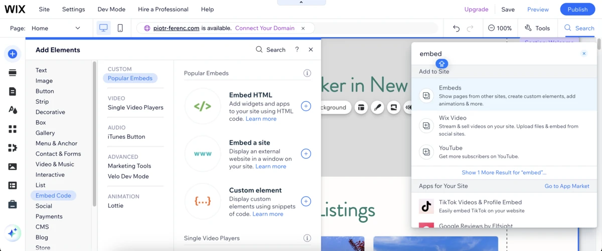 Wix editor showing how to add an Embed HTML element