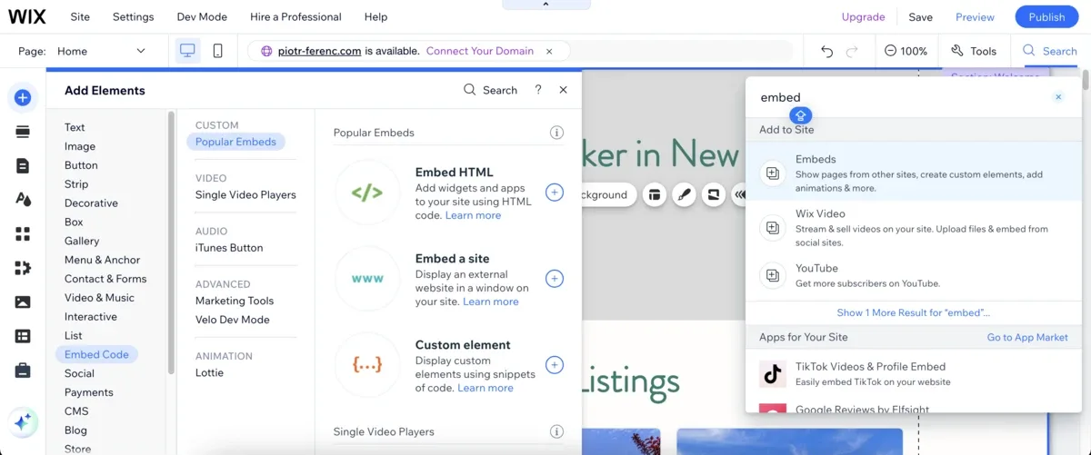 Wix editor showing how to add an Embed HTML element
