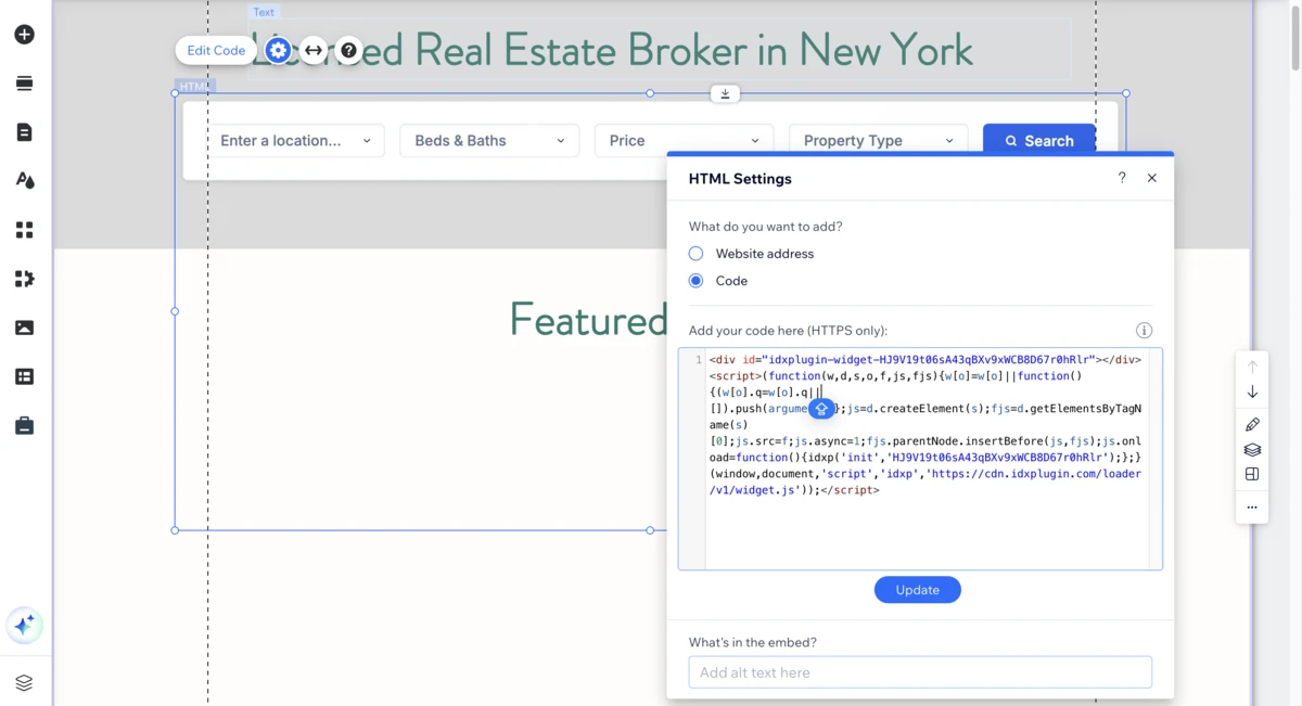 Pasting the embed code in Wix with the search form appearing