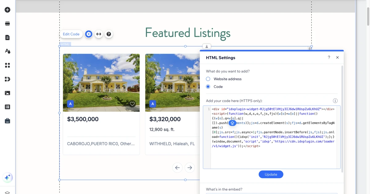 Adding the embed block for listings in Wix