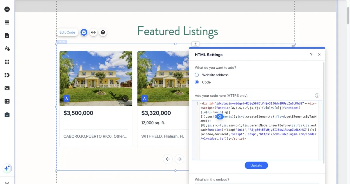 Adding the embed block for listings in Wix