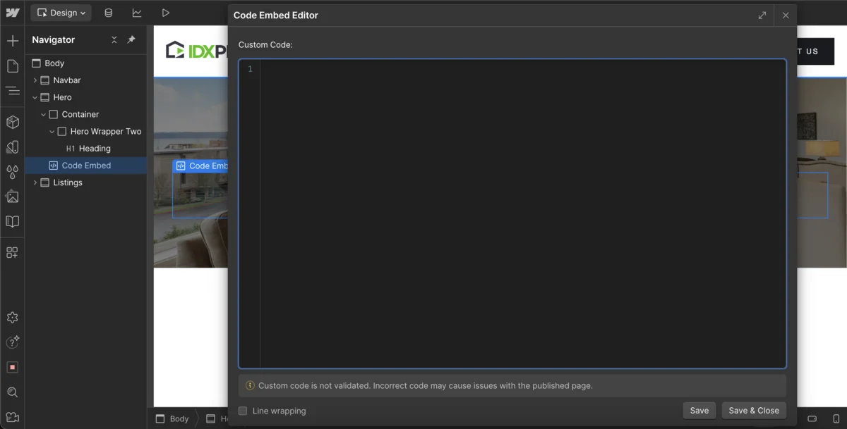 Dragging the Code Embed element in Webflow