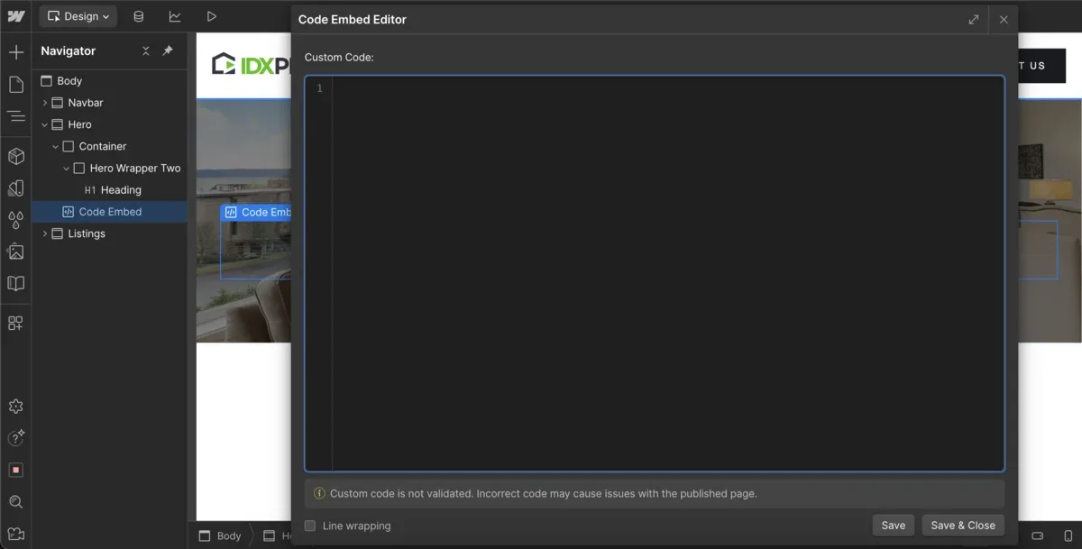 Dragging the Code Embed element in Webflow