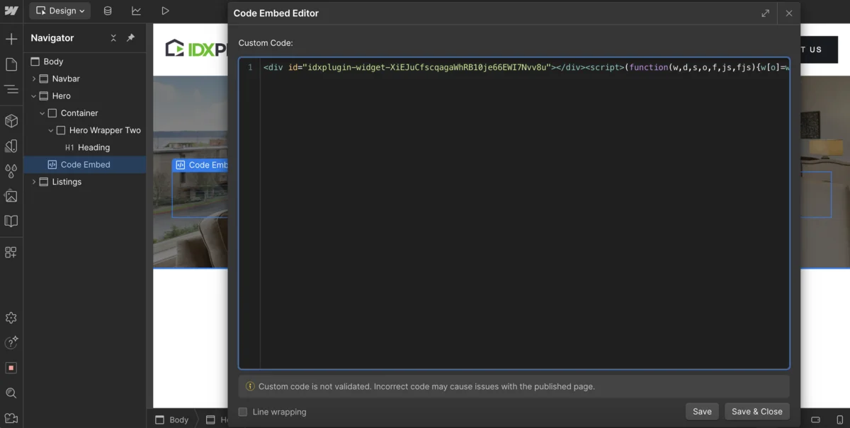 Pasting the embed code in Webflow