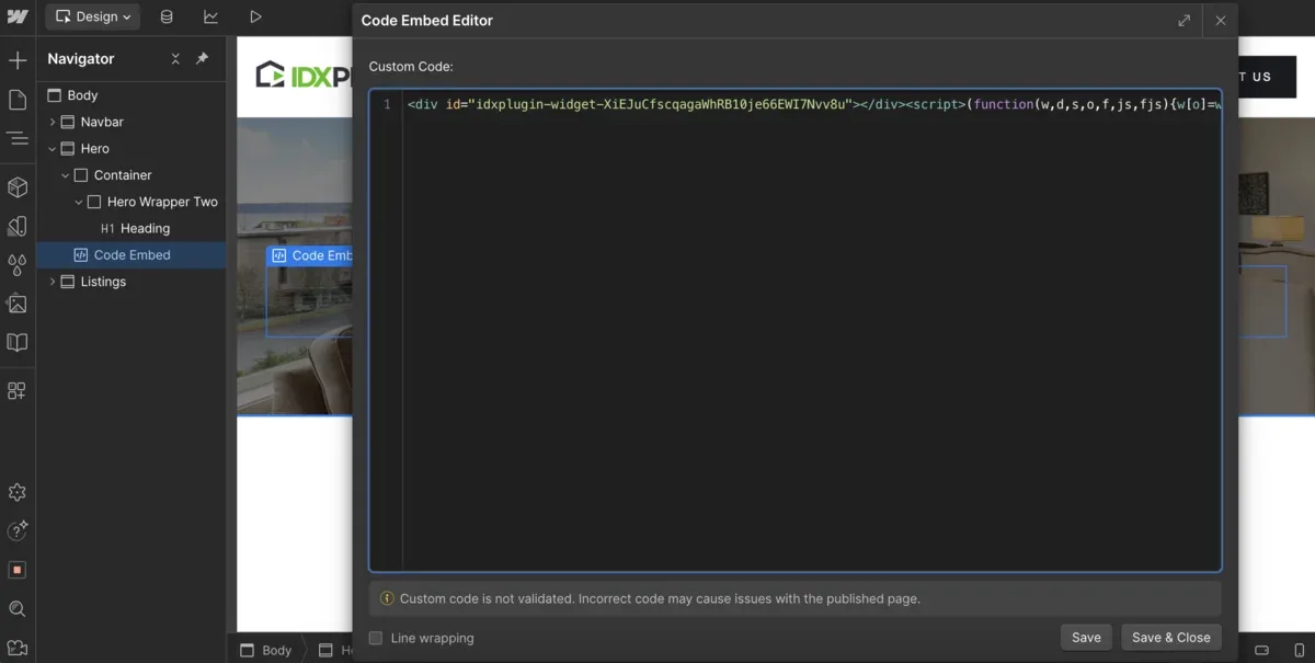 Pasting the embed code in Webflow