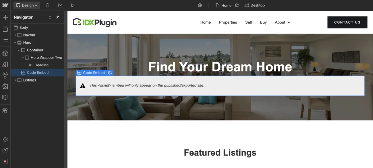 Webflow gray placeholder for the embed