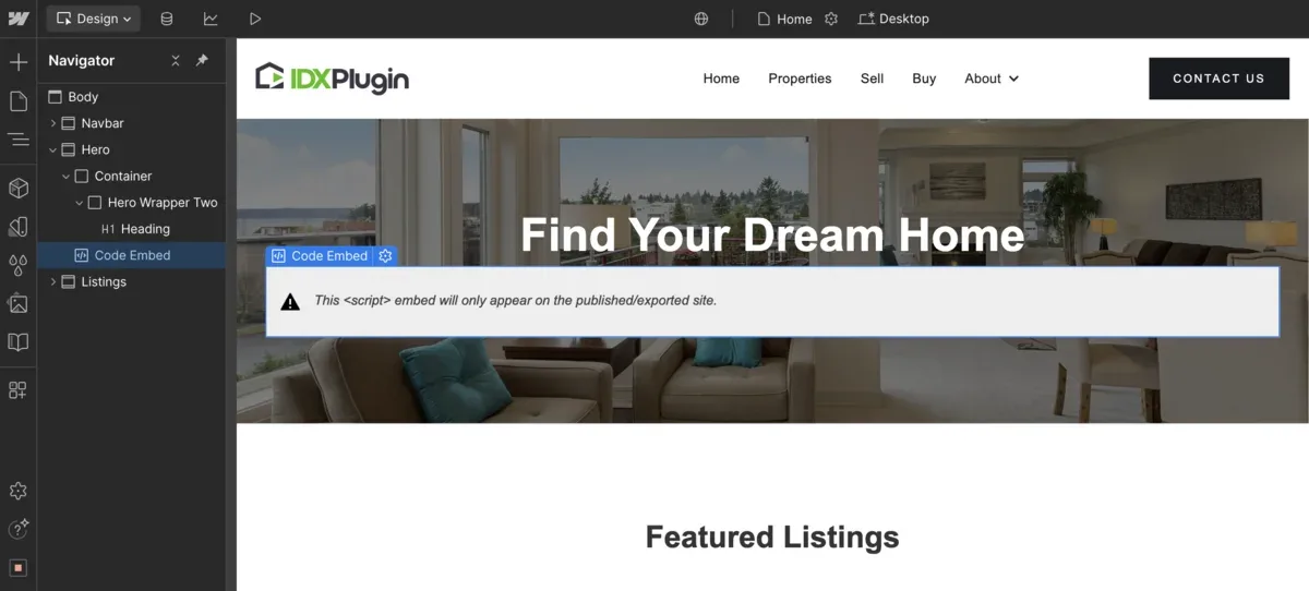 Webflow gray placeholder for the embed
